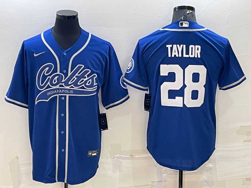 Mens Indianapolis Colts #28 Jonathan Taylor Blue With Patch Cool Base Stitched Baseball Jersey